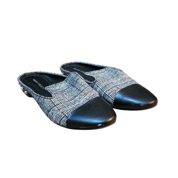 Marc Fisher Blk Gray Tweed Print Studded Heel Slip On Slides Sz 9.5 M - Picture 1 of 8